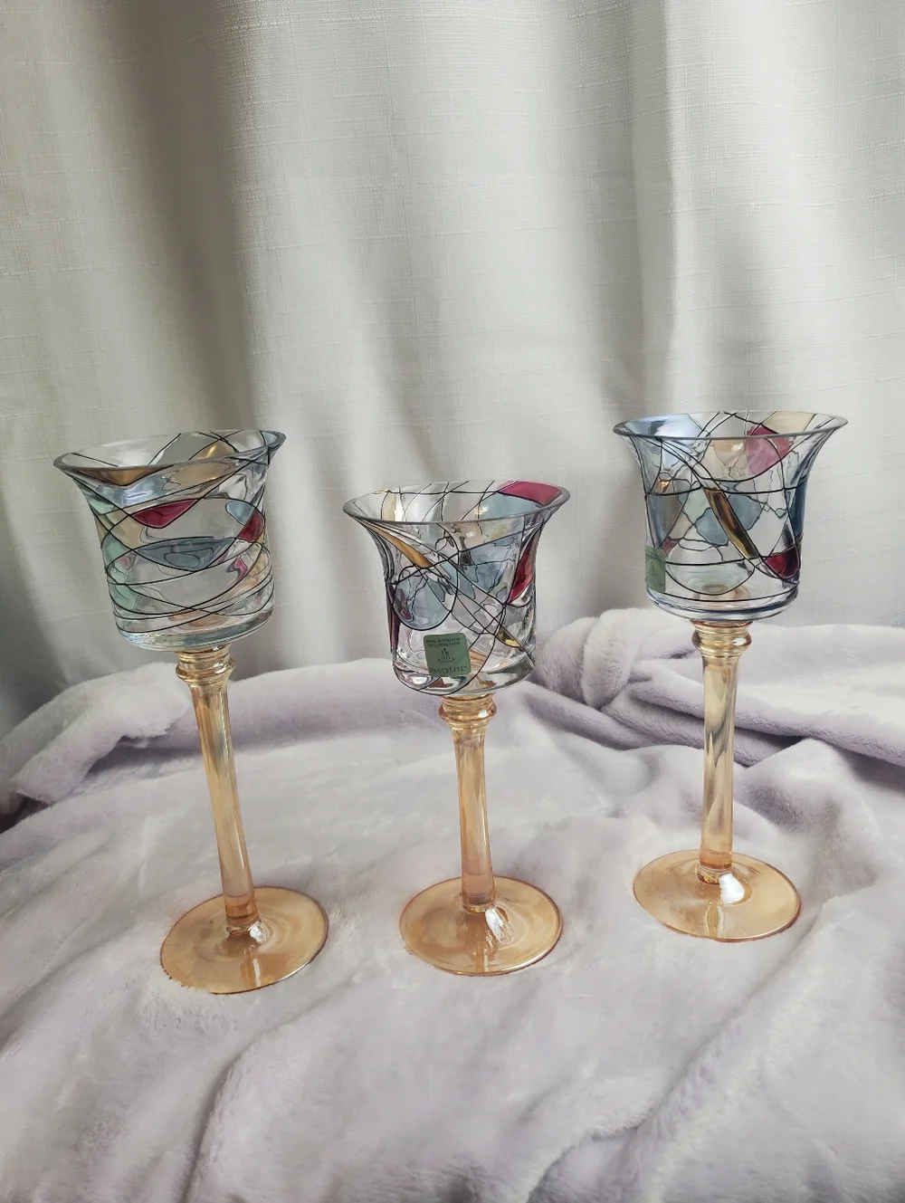 3 Piece Retired Tiffany Style Mosaic Stemmed Votive Glass Tealight Holders New - Picture 4 of 16